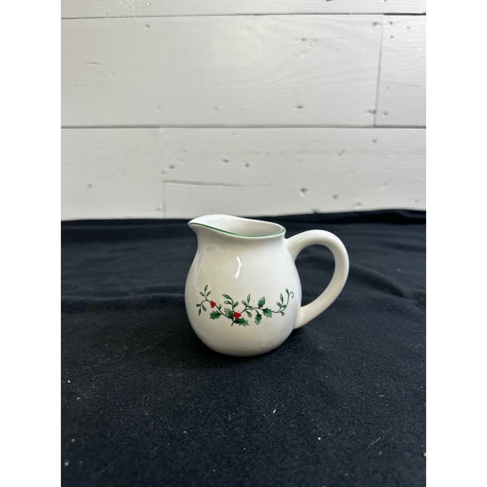 Royal Seasons Stoneware Christmas Holly Berry Creamer Pitcher White Green Rim